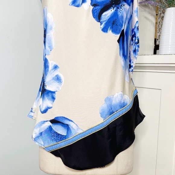New York & Co. Floral Tie Neck Sleeveless Blouse Blue Tan Small - Picture 4 of 11